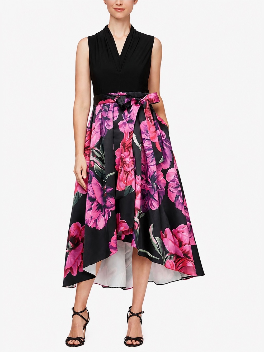 SLNY Size 14 Black Pink Floral High Low Midi Cocktail Dress NWT GALA MOB Formal